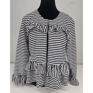 Peplum Ruffle Striped Linen Blend Cardigan Jacket Navy White Nautical | LOFT S